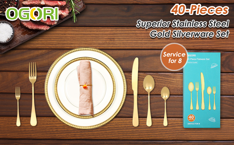 Набір столових приборів OGORI для 6 осіб, 30 предметів, з дзеркально відполірованим золотим покриттям, 18/10 нержавіюча сталь, набір столових приборів для дому/вечірки/ресторану (у подарунковій коробці). Набір столових приборів для 6 осіб (набір столових приборів для 8 осіб, золото | 40 предметів)