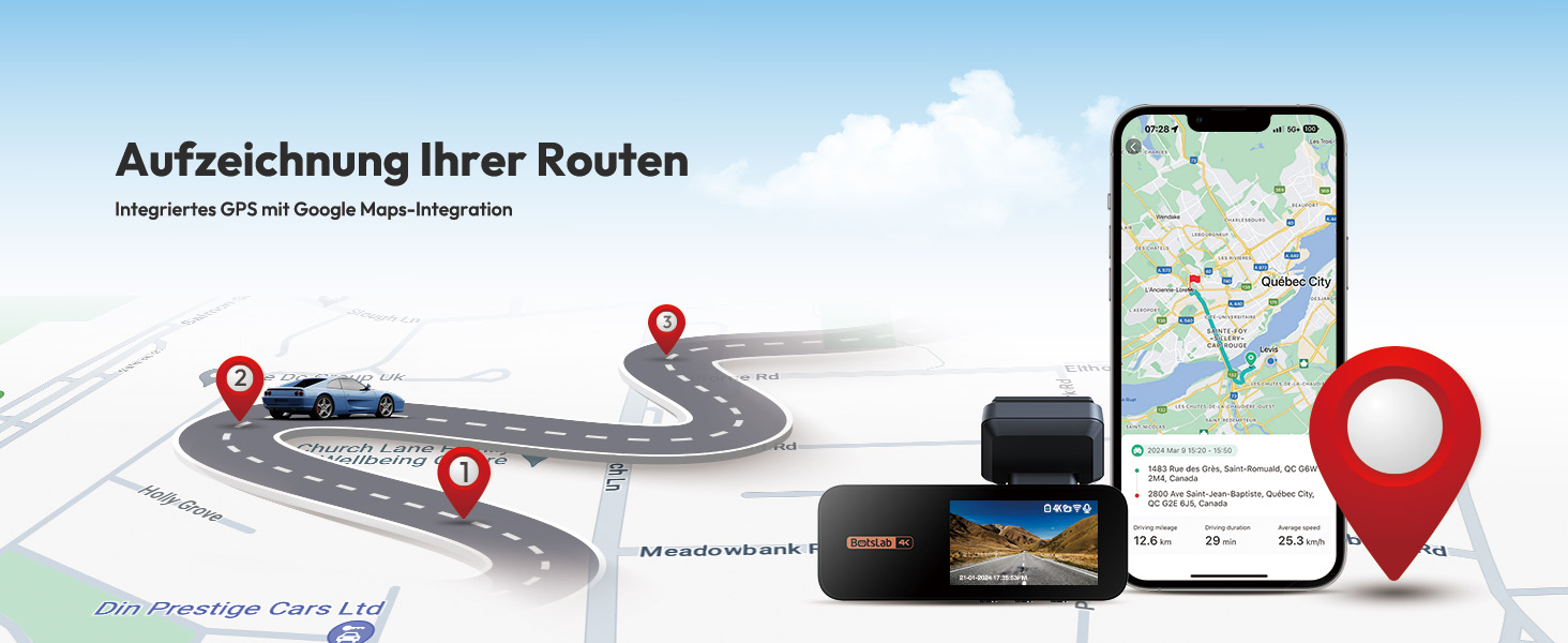 Відеореєстратор BOTSLAB Dashcam Auto з GPS, 4K, Dual, WiFi, ADAS, Нічне бачення, 64GB SD, 2.45' IPS, 24/7, Loop, WDR, 170°