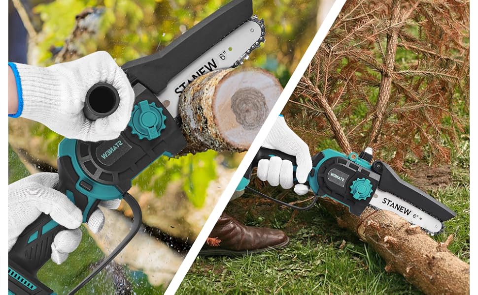 Міні-бензопила STANEW з 2 акумуляторами 2000mAh та зарядним пристроєм, 6 та 8 дюймів, 600W безщітковий двигун, для догляду за садом, обрізки дерев та роботи з деревом. Стандартна комплектація