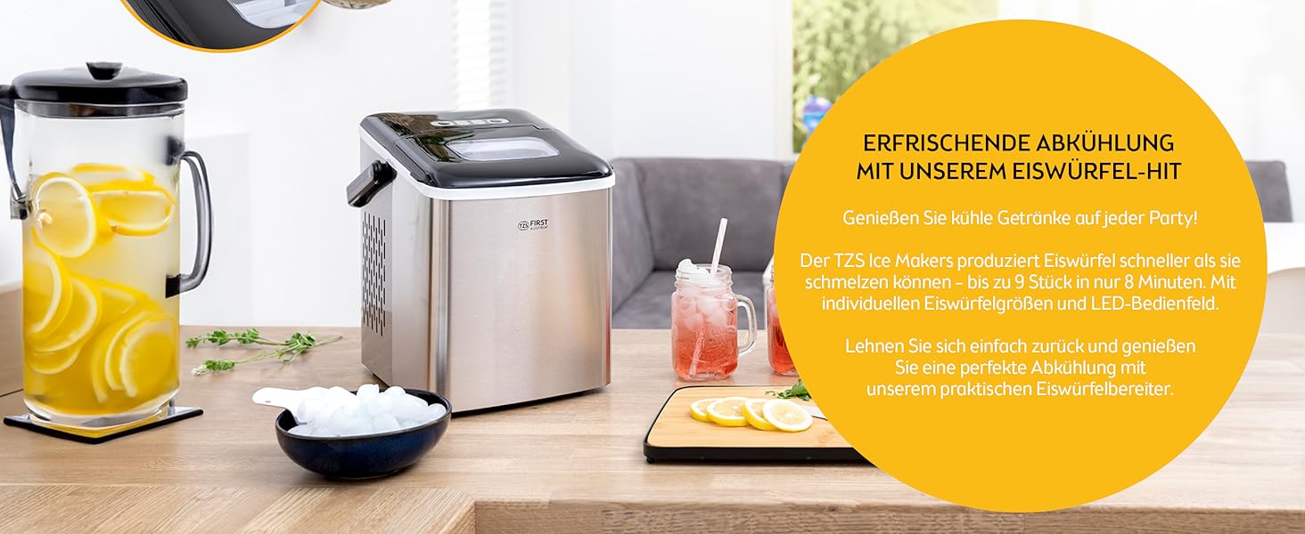 Льодогенератор First Austria 1.8л, 150W з компресором: 12 кг/24год, швидке виробництво (7-9 хв), кубики S/L, мобільний, сірий/чорний