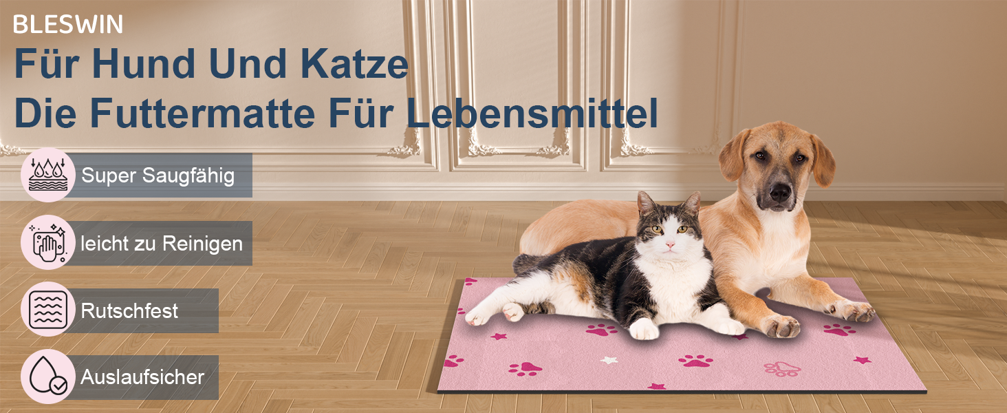 Килимок під миску для собак BLESWIN 30x50 см, вбираючий, нековзний, для цуценят, рожевий зі зірками