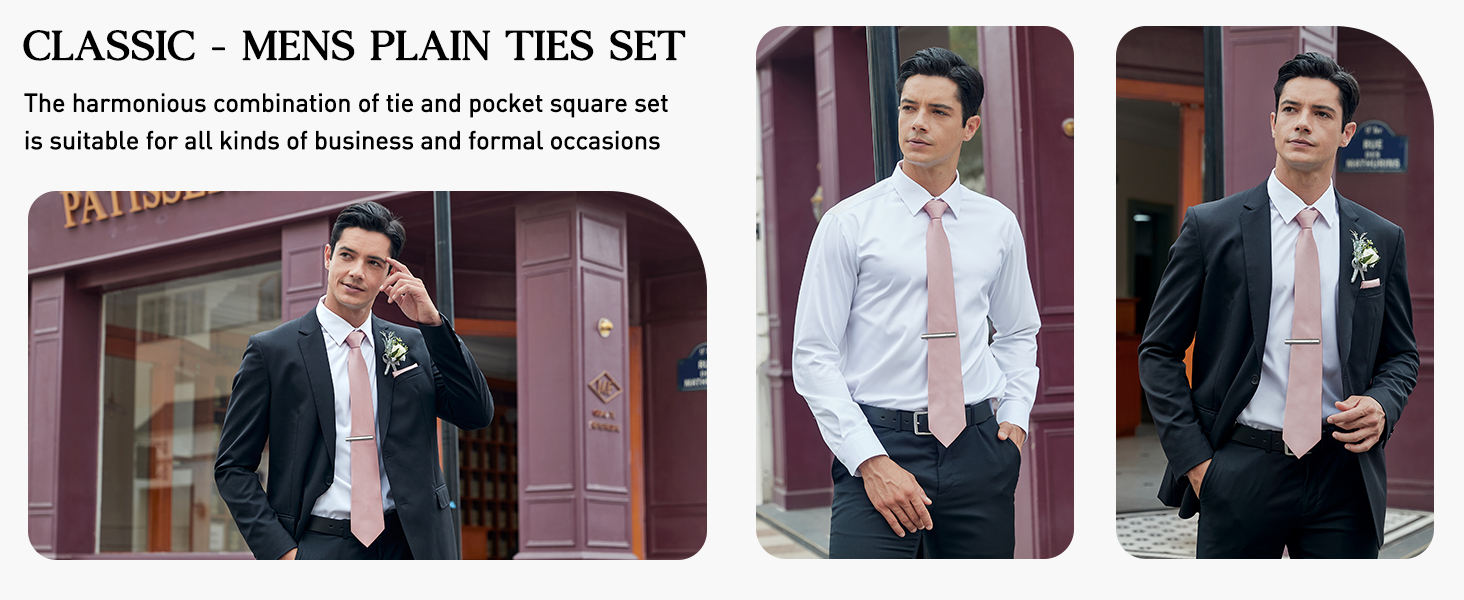 HISDERN Комплект краваток для чоловіків: класична однотонна краватка, нагрудна хустинка та краватки-кліпси. Ідеально для вечірок, весіль та особливих подій. Темно-червоний колір.