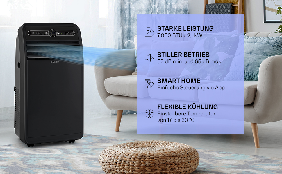 Klarstein Mobile Klimaanlage: 4-в-1, вентилятор, осушувач, нічний режим. Компактний, портативний кондиціонер для дому та офісу. 7000 BTU, білий.