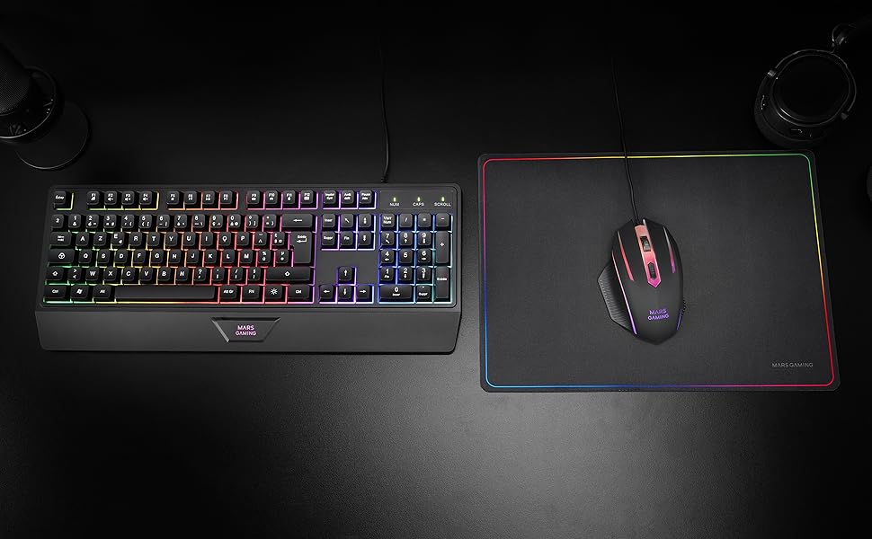 Ігровий комбо MARSGAMING MCP124: Клавіатура H-Mech LED RGB, Миша 3200DPI з HUANO Switches, Килимок Nanotextil 360x260mm, Підтримка Multiplatform, Іспанська розкладка, Чорний колір