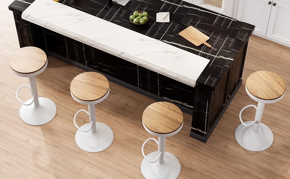 Kidol Adjustable Height Bar Stools 2-Pack - 360° Swivel, Round Wooden Seat on Metal Frame, for Kitchen/Bar/Living Room (White)