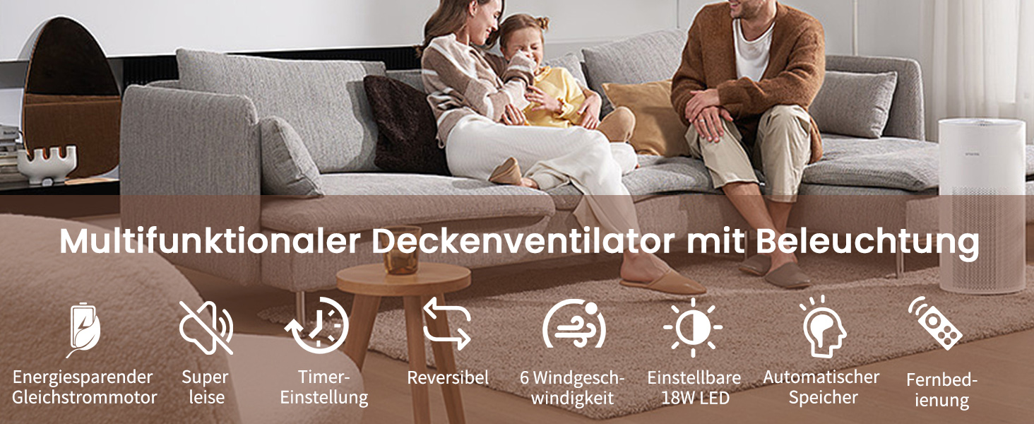 Стеляний вентилятор з дерева з підсвічуванням, 90 см, тихий DC-двигун, 6 швидкостей, пульт з пам'яттю, таймер, 24W LED, регулювання яскравості