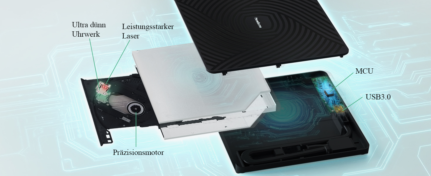 Зовнішній DVD-накопичувач PeroBuno USB 3.0 Type-C, CD ROM +/-RW оптичний привід, ультратонкий DVD-записувач та плеєр для ноутбука, PC, MacBook (Windows, Linux, macOS)