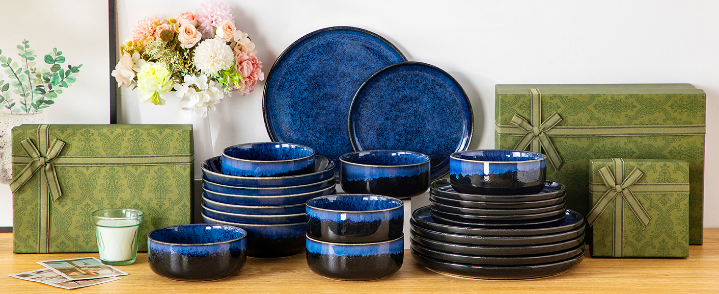 Vancasso Starry 24-Piece Blue Stoneware Dinnerware Set for 6 - Complete Tableware Set with Plates, Bowls