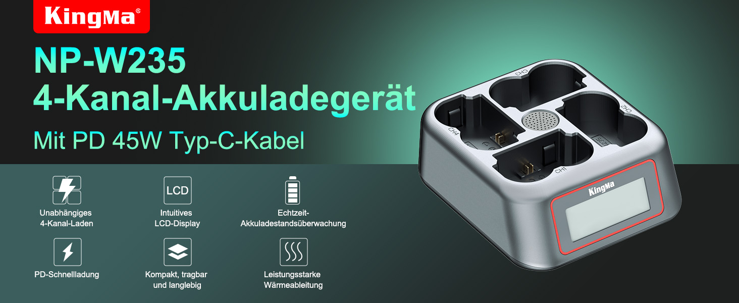 Зарядний пристрій King Ma для акумуляторів камер, 4-канальний, 45W PD, LED-дисплей, сумісний з Sony A7III/A7IV/A7RIII/A7RV/A7C/A7CII/A6700/A9/A9III/A1/ZV-E1/FX3/FX30 (NP-W235)