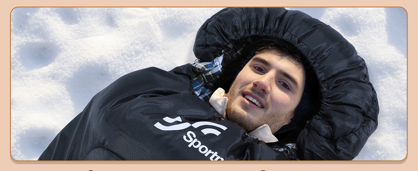 Сплячий мішок Sportneer для кемпінгу - теплий зимовий спальник з фланелі 220 x 85 см з капюшоном, компактний, для 3-4 сезонів, чорний
