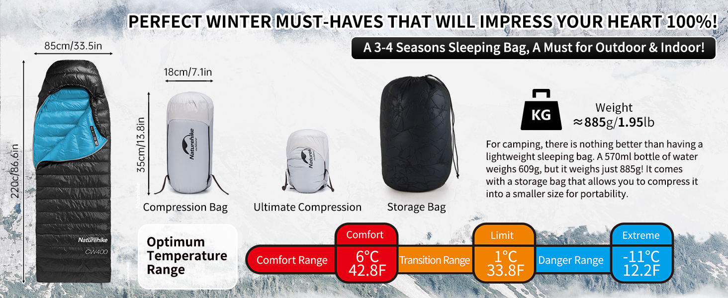 Спальний мішок Naturehike 750FP, 4-сезонний, теплий зимовий, ультралегкий, компактний, з компресійним мішком, CW400-Чорний-L