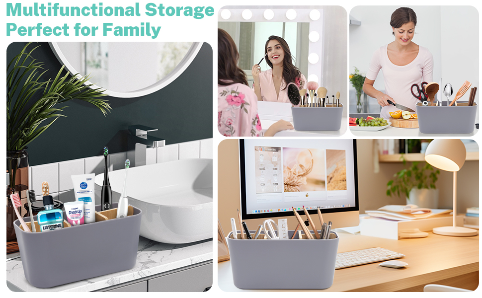 Тримач для зубних щіток з бамбуковими перегородками, сірий. Організатор для зубних щіток та пасти (4 щітки + 1 для пасти)