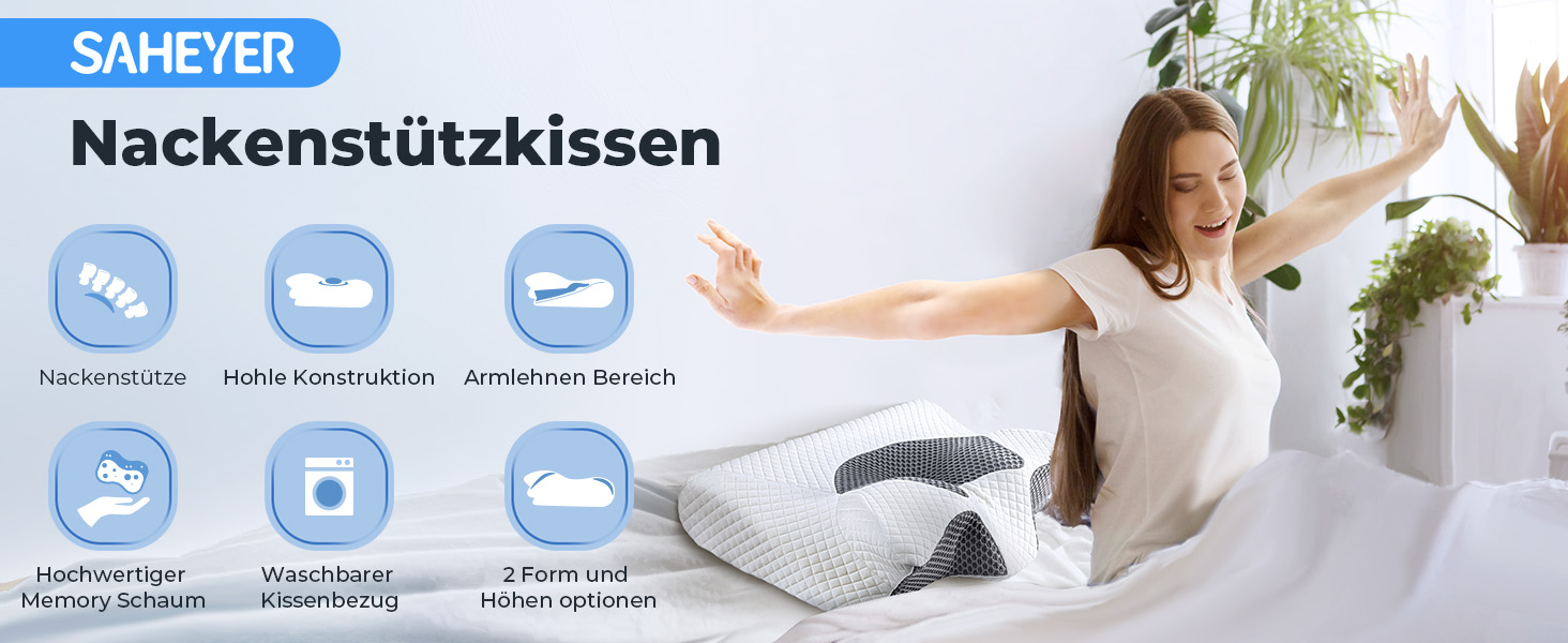 Подушка для шиї Saheyer з Memory Foam, 2-в-1: підтримка шиї, подушка для голови, для сну на боці, на животі та на спині, знімний та дихаючий чохол, 59 * 43 * 12/15 см, сіро-білий