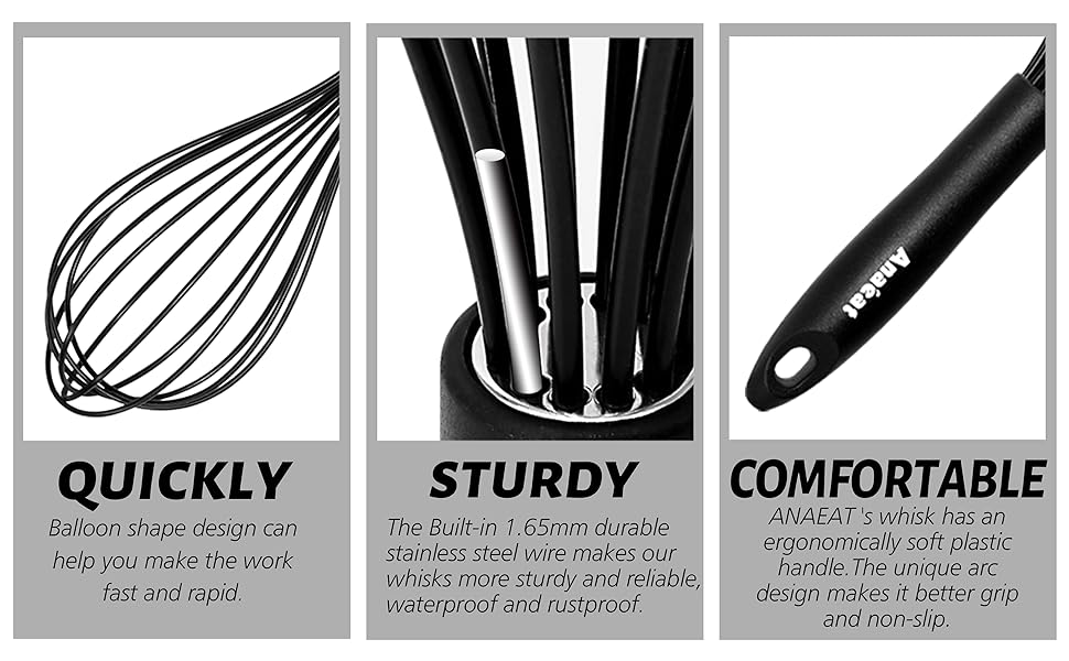 Набір силіконових вінчиків Aneaat (3 шт.) з нержавіючою сталлю – для антипригарного посуду, збивання, змішування. Розміри: 21 см, 26 см, 30 см