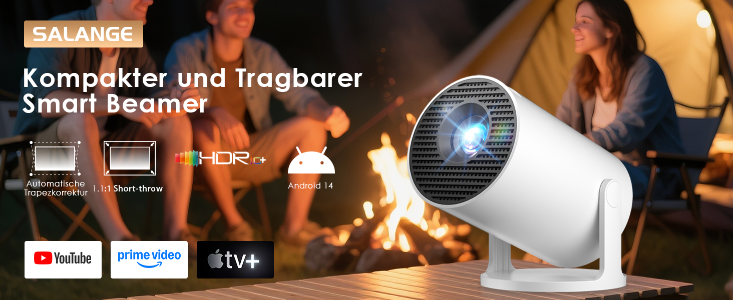 Міні проєктор Salange Mini Beamer 2026,8K з Android, WiFi 6, Bluetooth 5.4, Auto Keystone, 270° поворот, для дому та на вулицю, Sala300pro