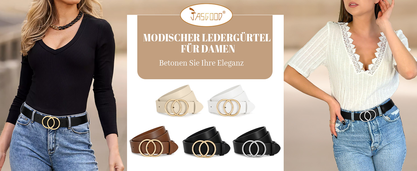 Жіночий шкіряний ремінь JasGood з подвійною кільцевою пряжкою для джинсів, штанів, суконь - чорний, XS (100 см, об'єм талії 65-75 см)