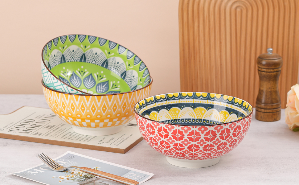 Набір салатників та супових мисок з порцеляни 3 шт. 1.45 л - 20 см, кольорові, для салату, супу, пасти, безпечні для мікрохвильовки та посудомийної машини