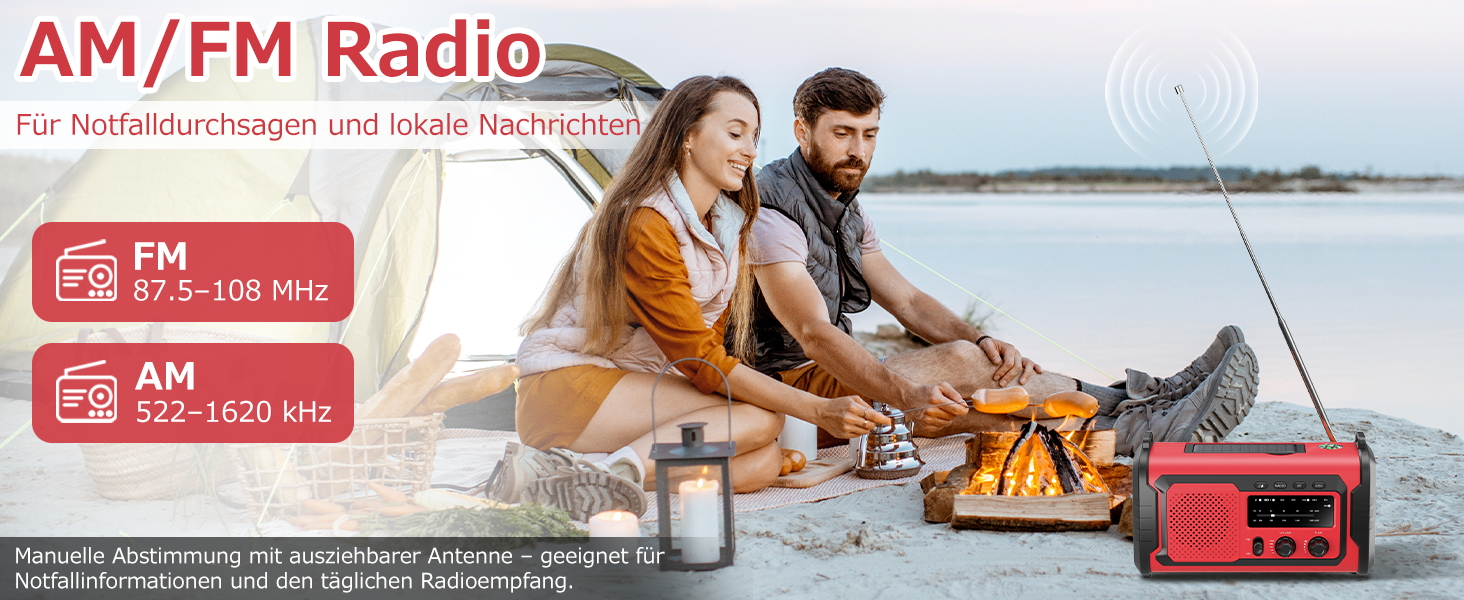 Радіо на сонячній батареї та ручному заводі Kurbelradio 27000mAh з SOS, Bluetooth, Powerbank та ліхтариком для кемпінгу та активного відпочинку (Червоний)
