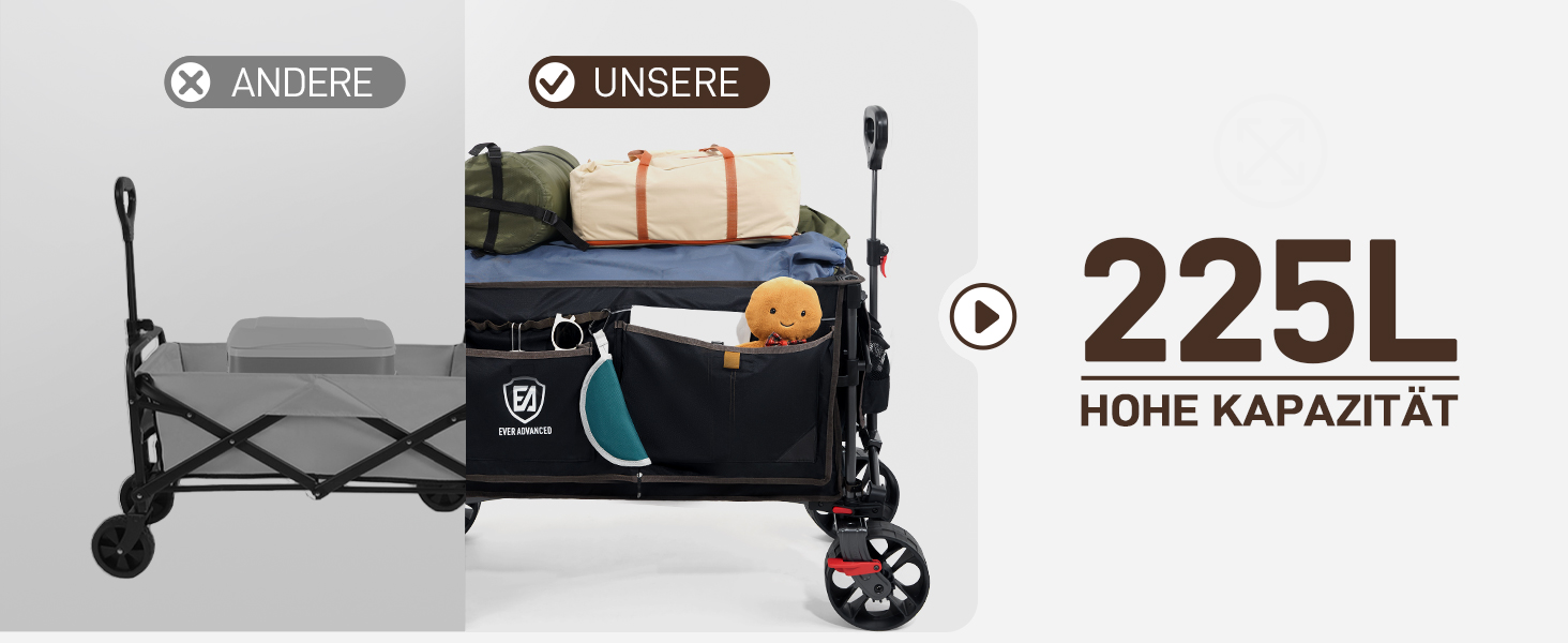 Універсальний візок-садок EVER ADVANCED XXL 225л (до 150кг) з гальмами, дахом, чорний - для кемпінгу, пляжу, транспортування
