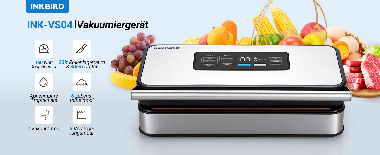Вакуумний пакувальник INKBIRD для продуктів харчування з режимами сушіння, вологого та рідинного пакування, подвійна помпа, 20 л/хв, тихий, вбудований різак, ролики та пакети в комплекті (сірий)