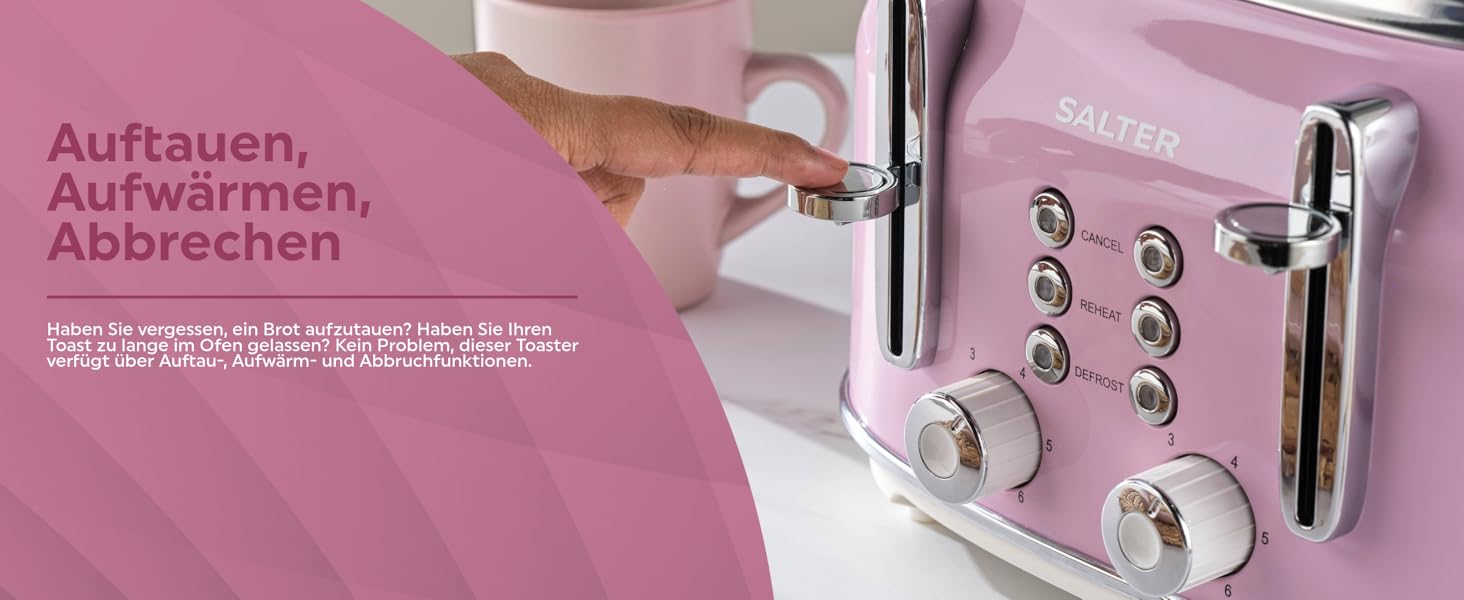 Тостер Salter Retro 4-х секційний, 1,7 л, 3 кВт, рожевий, з фільтром від накипу, бездротовий, з індикатором рівня води та процесу приготування
