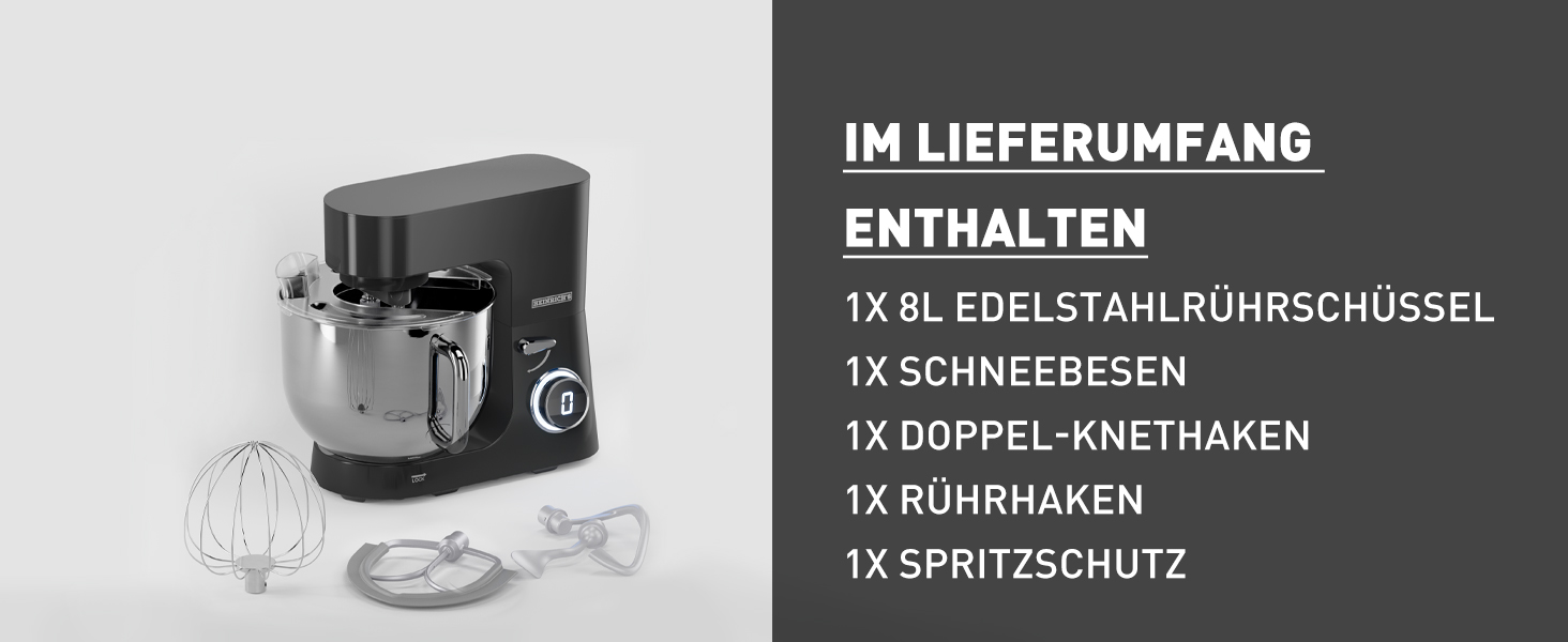 Кухонна машина Heinrichs 2500W з двома гаками для тіста, міксером та вінчиком, 8 швидкостей, чаша 7л з нержавіючої сталі, тиха, з титановим покриттям