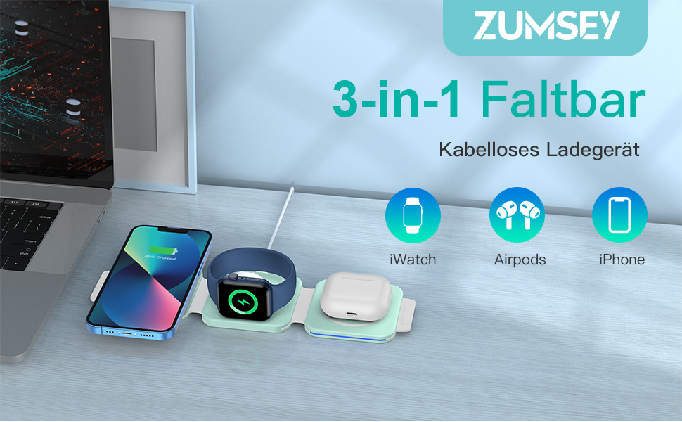 Зарядна станція 3-в-1 для подорожей: Apple Watch, iPhone, AirPods (зелена)