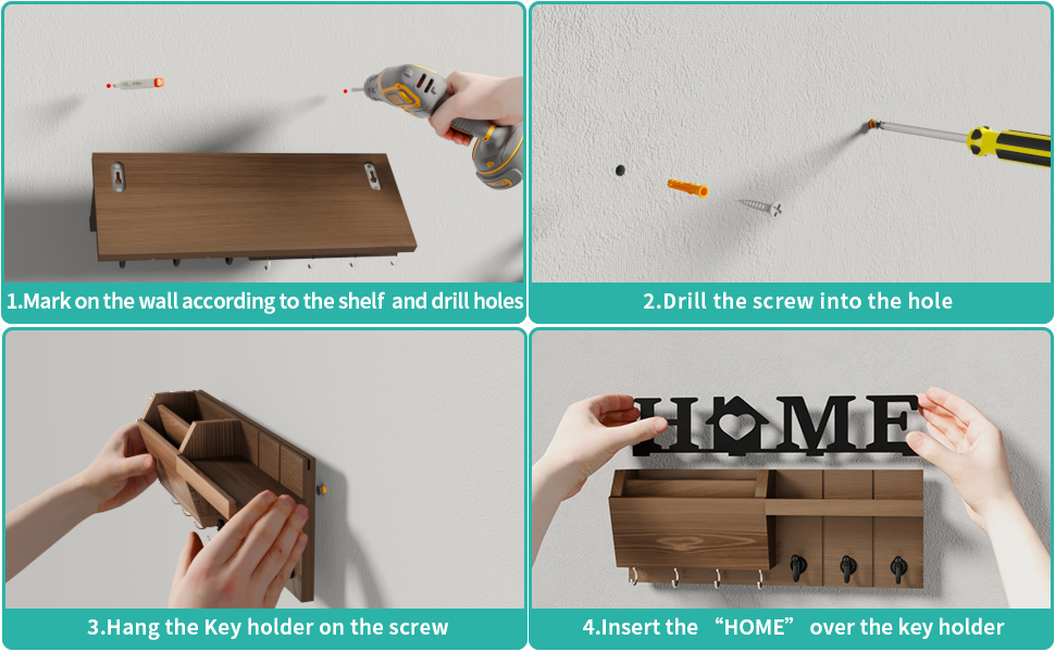 Держатель для ключів HapiRm з декором HOME, дерев'яне ключниця з 7 гачками, з полицею. Підходить для входу, передпокою, спальні, офісу, коричневий