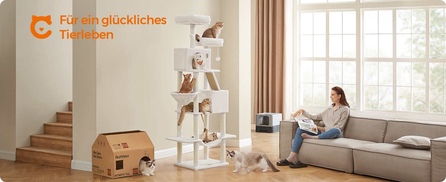 Драбина для котів Feandrea, 206 см, XXL, з 13 стовпчиками для дряпання, 2 платформами, 2 хованками, кошиком, помпонами, багатоярусна, кремово-біла, для дому (60 x 50 x 206 см)
