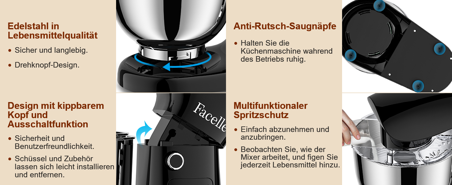 Кухонна машина-міксер Facelle 1500W з чашею 5.5л/4.5л, 10+ програм, чорний