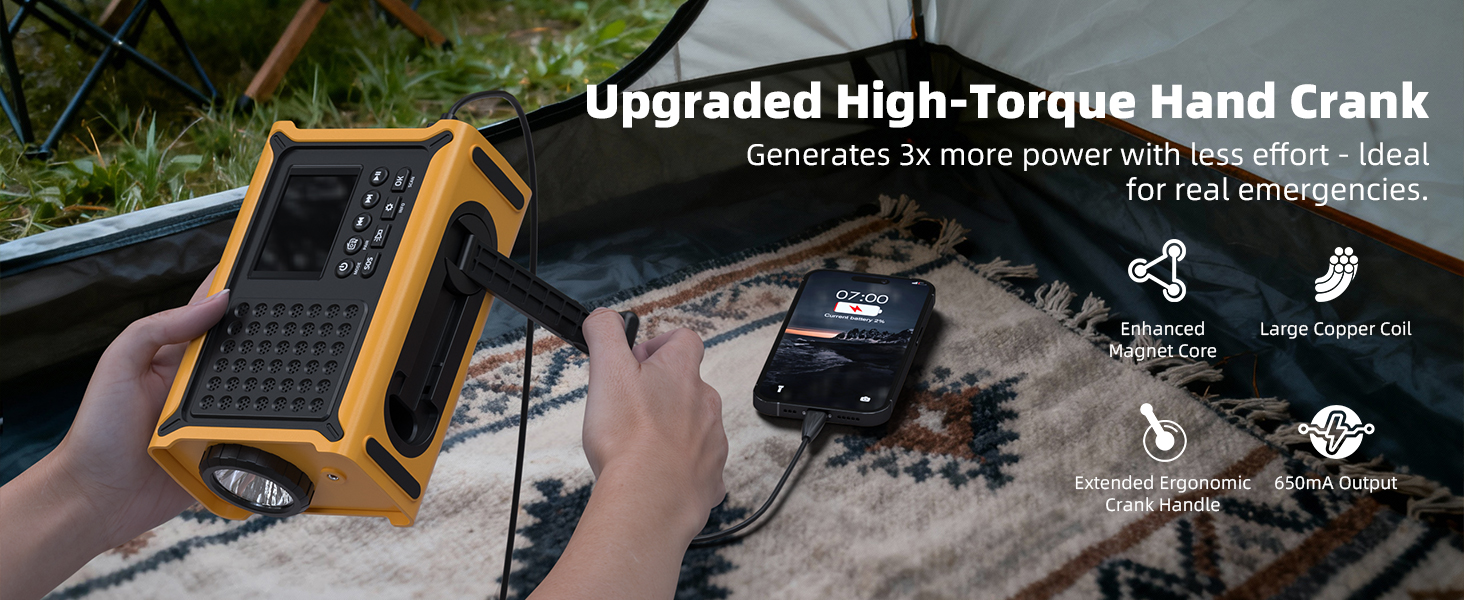 Сонячне радіо Solar Radio з ручкою, 12000mAh, DAB/DAB+/UKW, радіо для надзвичайних ситуацій з сонячною панеллю 8500мм² та ручкою 650mA, радіо з динамо, Bluetooth, ліхтарик та зарядний пристрій USB, для кемпінгу, надзвичайних ситуацій (жовте)