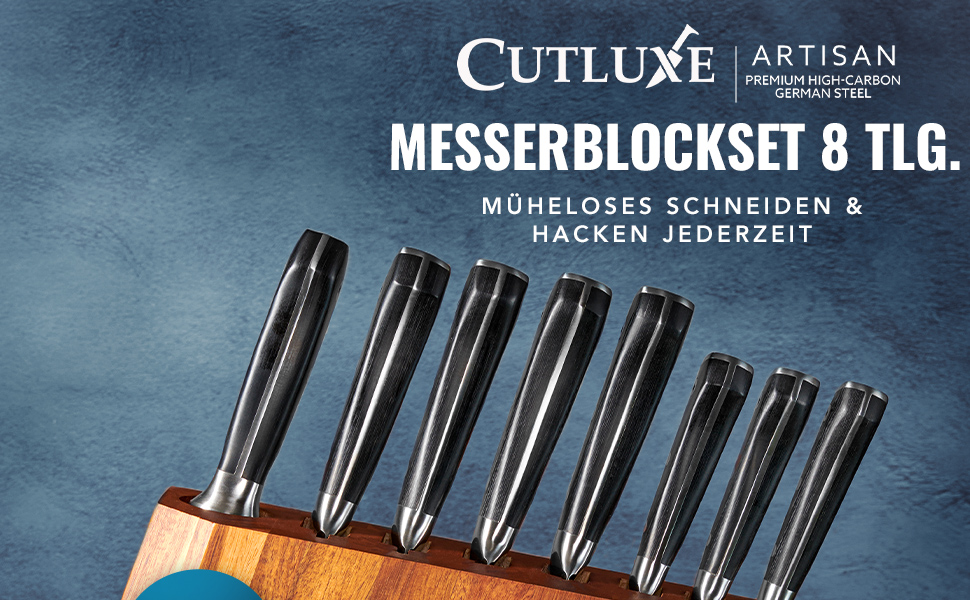 Набір ножів CUTLUXE Artisan Serie 8 предметів з бруском: кухарський ніж, сантoku, ніж для м'яса та інші. Виготовлено з високоякісної вуглецевої сталі, повнорозмірний клинок, блок з натурального акації.
