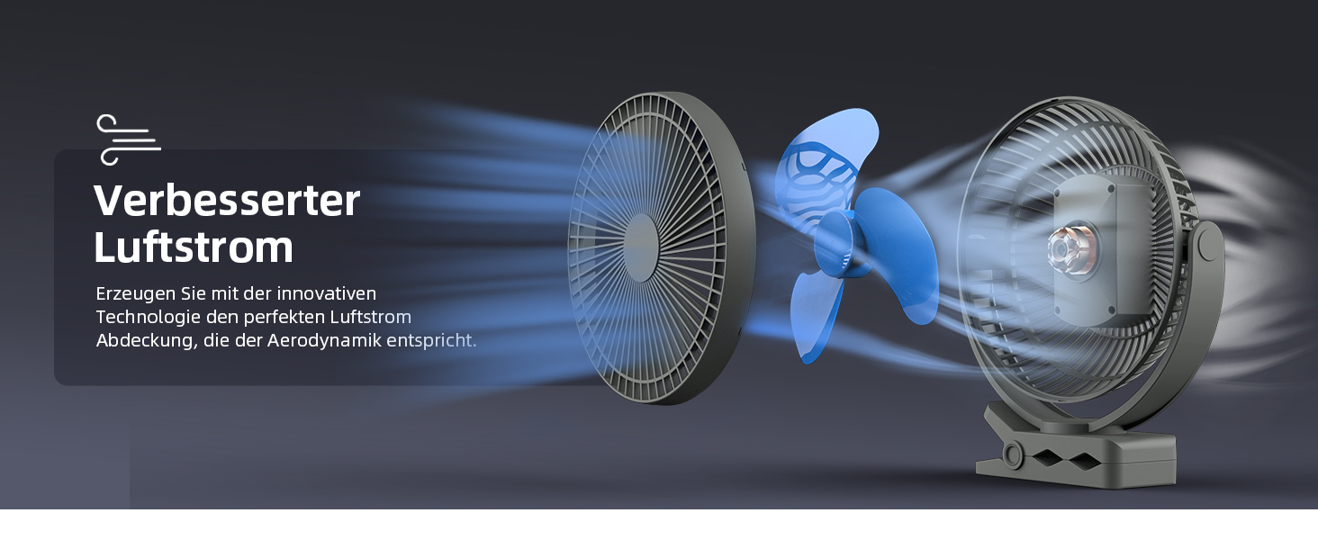 Вентилятор Koonie 10000 mAh з кліпсою, 20 см, портативний USB, акумуляторний, 4 швидкості, 360° оберт, тихий, для дому, офісу, дитячої коляски, кемпінгу, гроу-тента (блакитний)