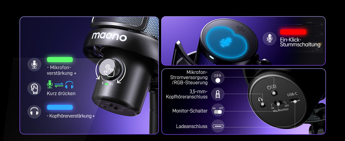 Мікрофон MAONO DM40 бездротовий для ПК з RGB підсвіткою та ШІ-зміною голосу, 3-рівнева шумоподавлення, для геймінгу, подкастингу та стрімінгу (чорний)