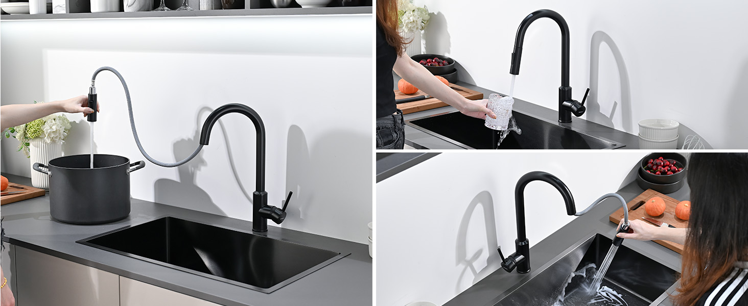 Змішувач кухонний з висувною лійкою та душем, 360° поворот, 2 режими, нержавіюча сталь, чорний