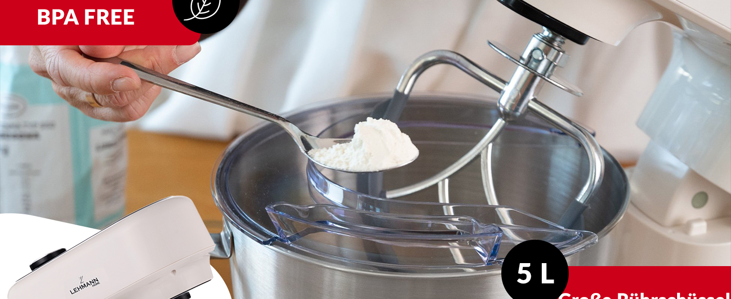 Кухонна машина Lehmann з дисплеєм, 1500 Вт, 12 швидкостей, функція ферментації з підігрівом, вбудовані ваги, таймер, чаша 5 л та 3 насадки-мішалки, Бежевий