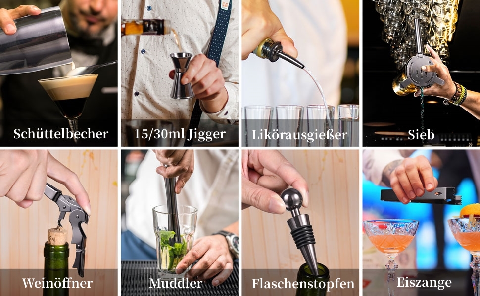 Набір шейкер для коктейлів Esmula 750 мл, 12 предметів, нержавіюча сталь, барменський набір, подарунок для чоловіків/жінок, стильний барний аксесуар з рецептами коктейлів (сірий)