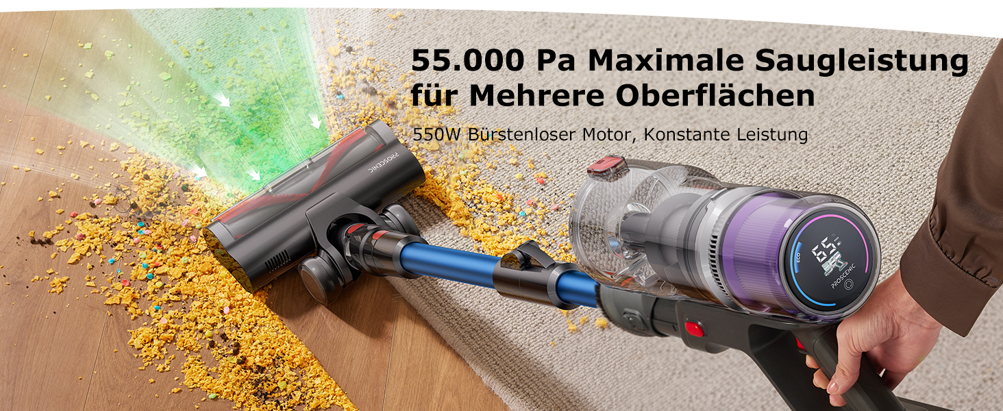 Бездротовий пилосос Proscenic P16 з акумулятором, 55 кПа, 550 Вт, 65 хв, гнучкий гофрований з'єднувач, GreenEye, щітка Anti-Tangle, для килимів, твердих поверхонь, шерсті домашніх тварин, автосалонів, блакитний