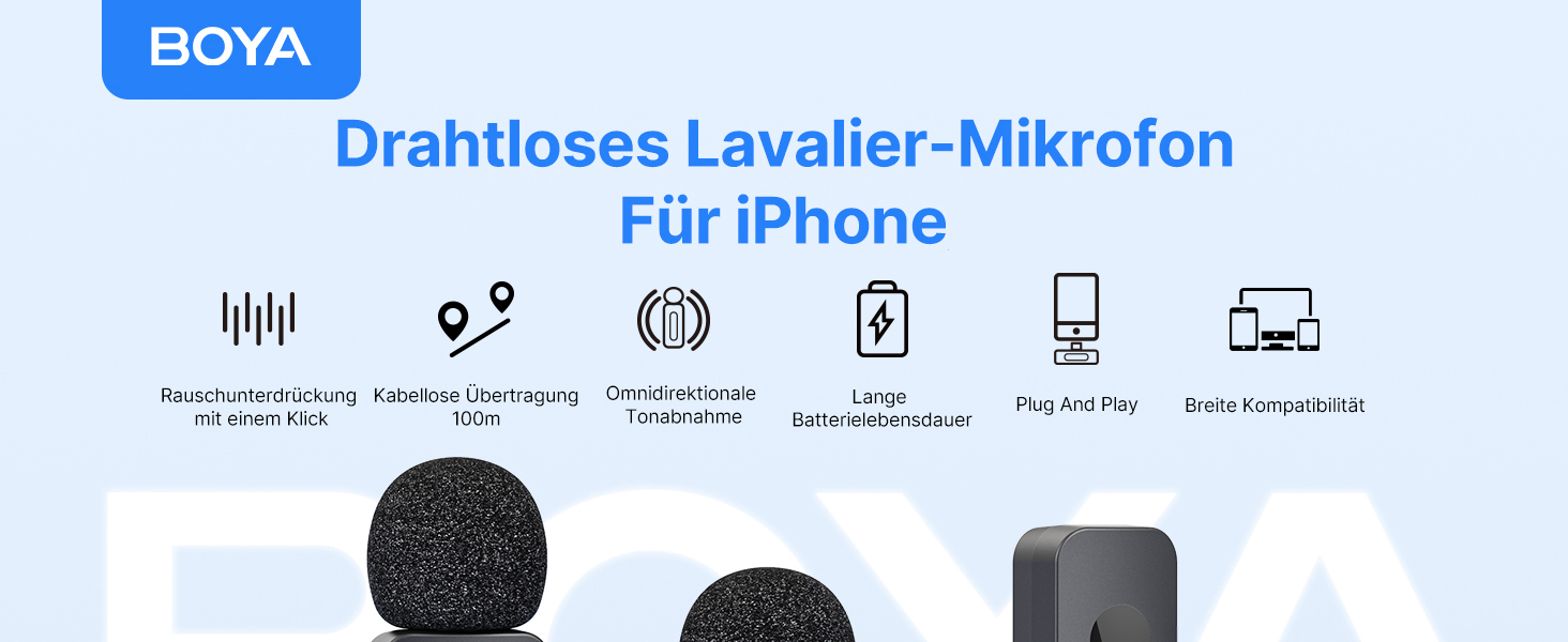 BOYA BY-V2 Бездротовий мікрофон-лапка для смартфона: iPhone, Android, USB-C, 48 КГц, 9 годин роботи, шумозаглушення