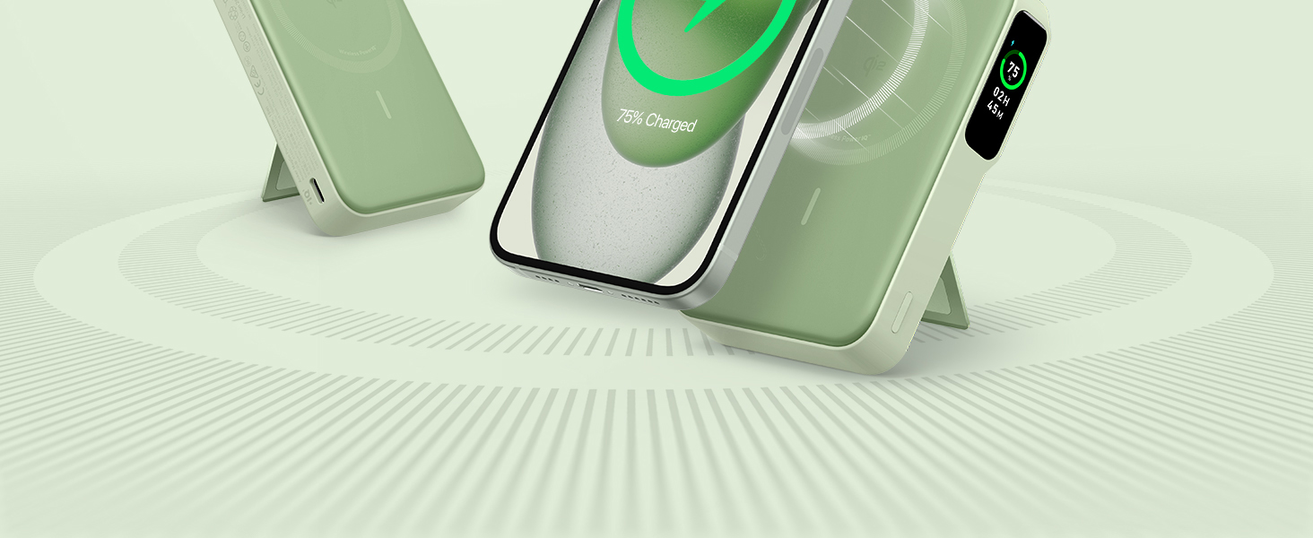 Powerbank Anker MagGo: 10000mAh, Qi2, 15W, MagSafe, USB-C, з дисплеєм та підставкою (Зелений)