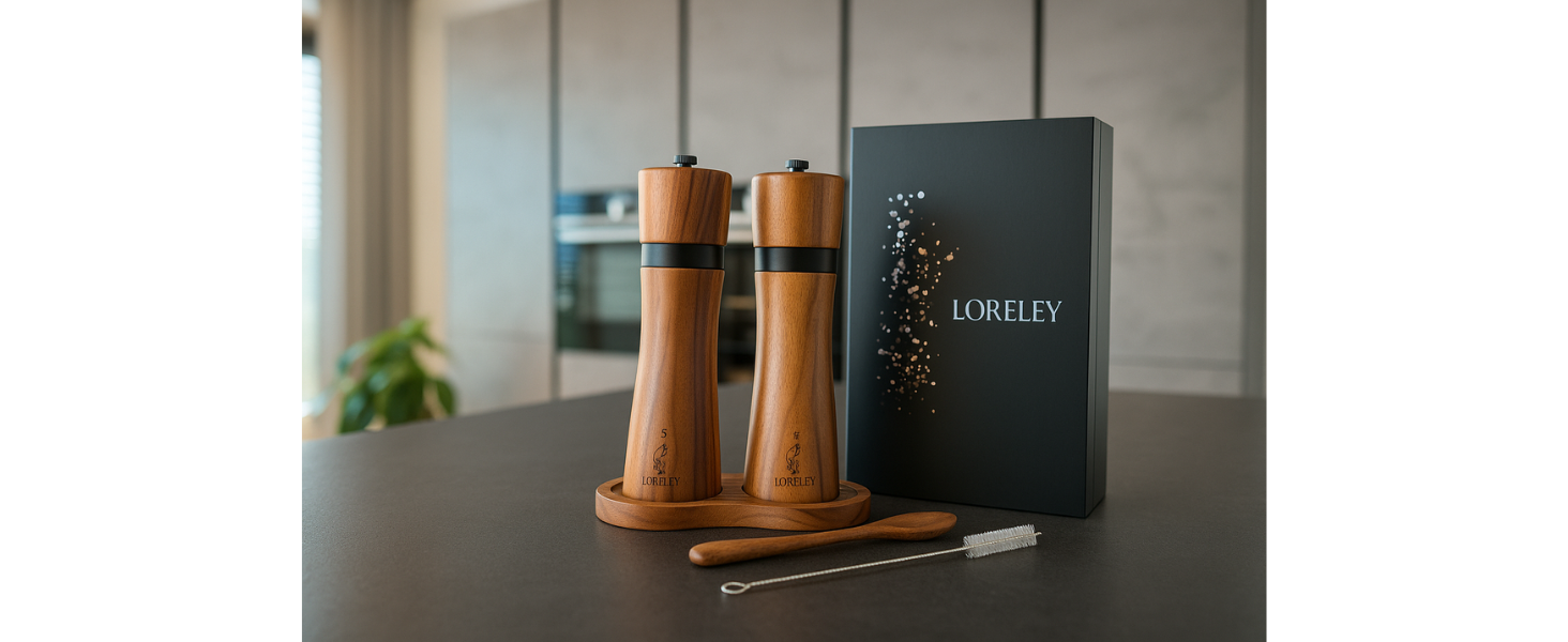 Дерев'яна мельниця для солі та перцю LORELEY® Mittelrhein Germany з керамічним механізмом – з підставкою та пензлем – у подарунковій коробці. Ідеальний подарунок на весілля або новосілля (Deluxe з нержавіючої сталі)