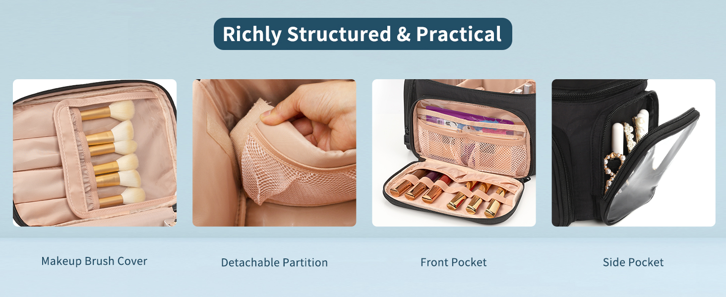 Косметичка для подорожей, велика, чорна: органайзер для макіяжу з відділенням для пензлів, дамська косметичка