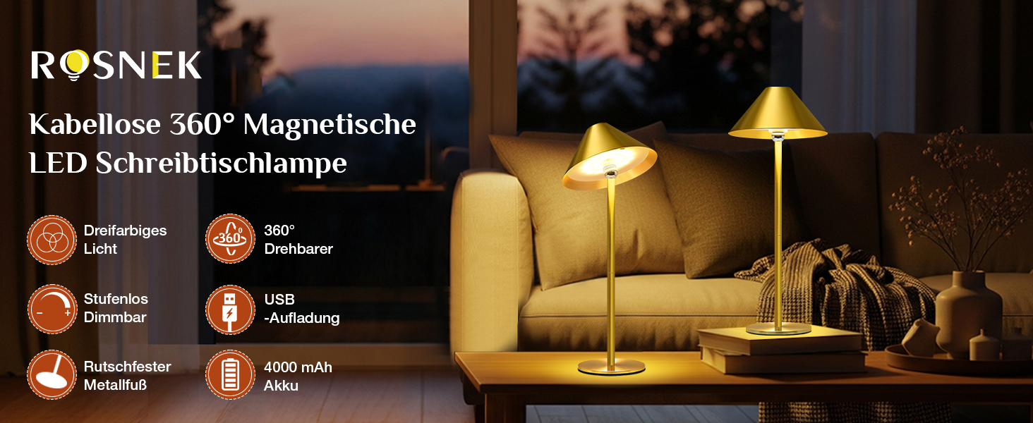 Світлодіодний настільний світильник Rosnek бездротовий, акумуляторний 4000 mAh, диммується, з магнітним кріпленням 360°, 3 режими освітлення, для дому та вулиці (Золотий, 2 шт)