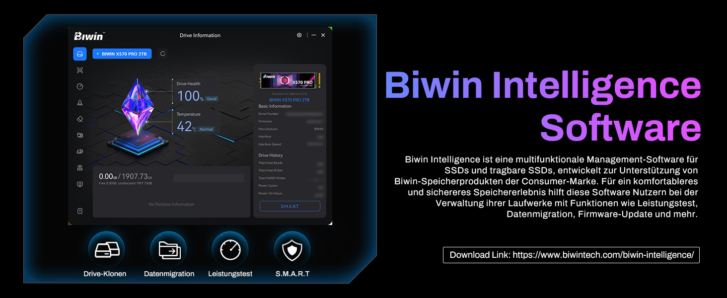 SSD BIWIN Black Opal X570 Gen5 Gaming 1TB - NVMe PCIe 5.0, M.2 2280, 14000 MB/s, 3D TLC NAND, для ноутбука та ПК