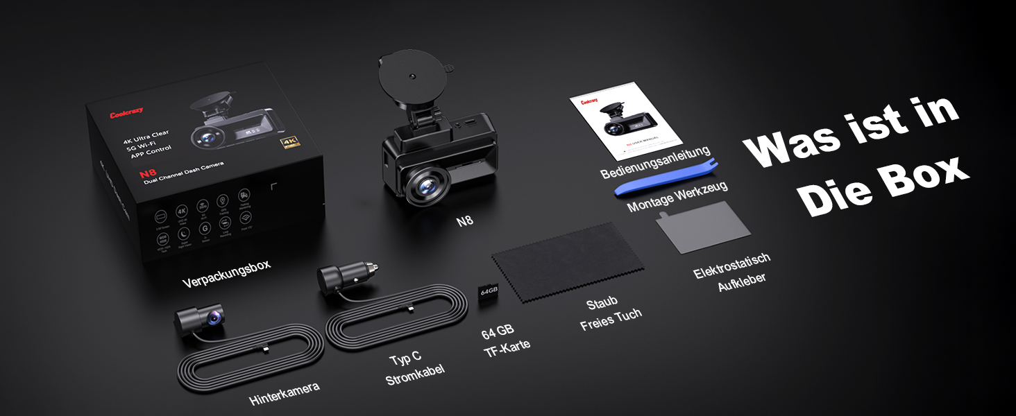 Відеореєстратор COOLCRAZY Dashcam Auto: 4K UHD, Dual камера, GPS, WiFi, 64GB SD-карта, IPS 3