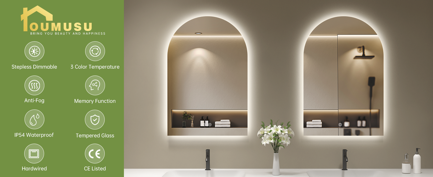 Дзеркало для ванної кімнати з підсвічуванням, арочне, без рами, 75x50 см. Touch-вимикач, регулювання яскравості, 3 кольори світла, антизапар