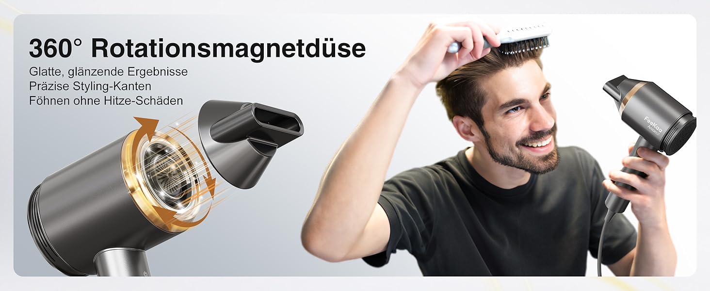 Іонський фен Feekaa з дифузором та магнітною насадкою, для подорожей та кучерявого волосся, 4 температурні режими, матовий чорний