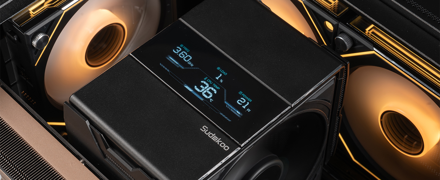 Система охолодження CPU Sudokoo SK700V AM5: Кулер для ПК з дисплеєм, 120мм вентилятор, 7 heatpipes, сумісний з AM5, безперешкодний доступ до RAM, 5 років гарантії, чорний