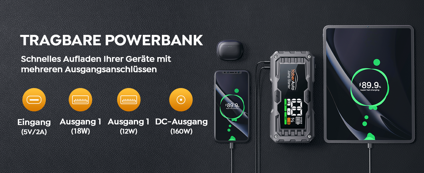 YaberAuto 6000A Powerbank для запуску двигуна авто, 12V, 10.0L бензин/9.0 Diesel, LCD, 450 Lumen, YA100