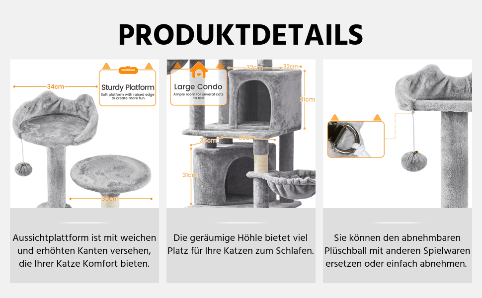 Кігтеточка Yaheetech XXL для котів, 175 см, для 3-4 котів, стабільна, з сизалевими стовпчиками, платформами, гамаком, м'ячиком, сірий колір